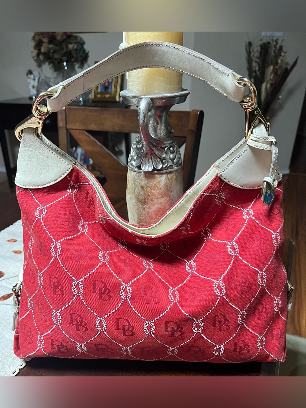 Vintage Dooney & Bourke Red Canvas Shoulder Bag with Cream Leather Trim